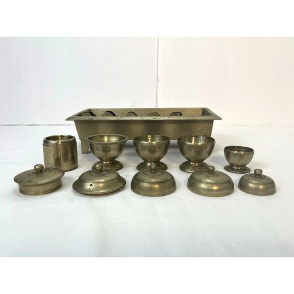 Vintage Betel Nut Box Kit Set 5 Lidded Canisters Divided Tray Indonesia Brass - Picture 3 of 10